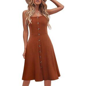 🆕Women’s Brown Cotton Spaghetti Strap Button Down A-Line Midi Beach Sundress